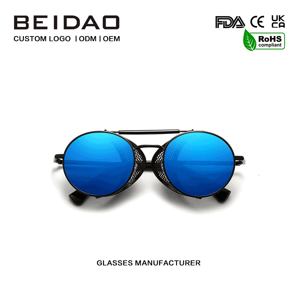 Designer blauwe ronde bril met frame van aluminium